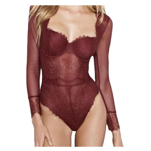 Victoria's Secret Eyelash Lace Mesh Sheer Thong Bodysuit Teddy Long Sleeve 36C - Picture 2 of 16